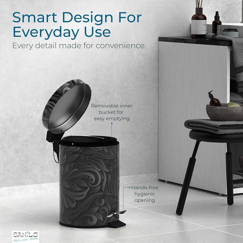 Sanilo Small Bathroom Trash Can with Lid [1.3 Gallon] - Lidded Tiny Trashcan for Garbage - Mini Metal Bin with Soft Closing Mechanism - Bath Room Accessoire Wastebin with Inner Bucket (Floral) - Image 4